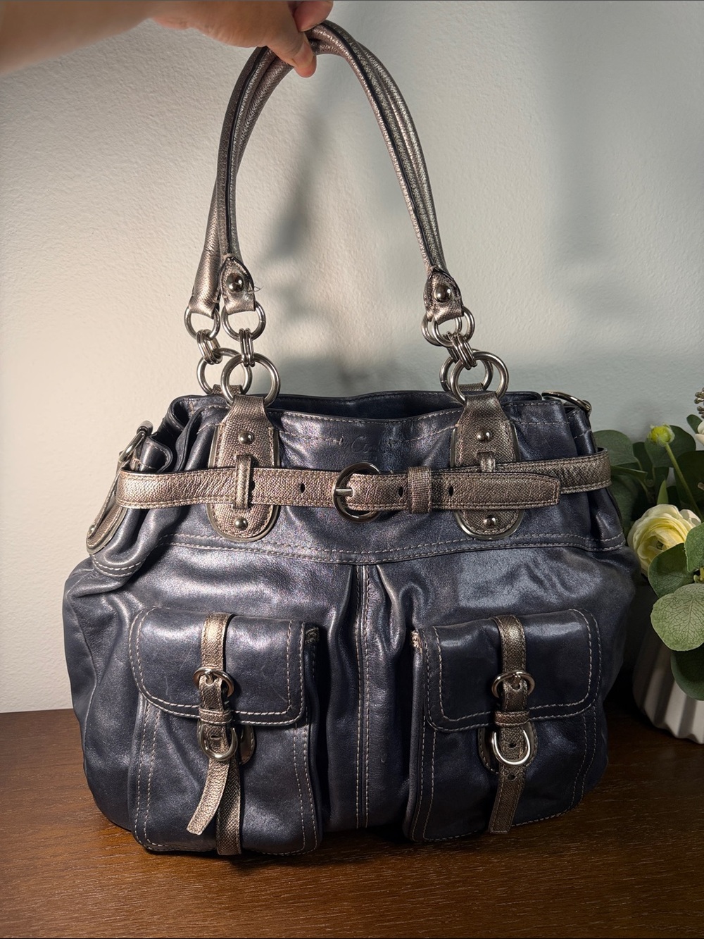Vintage Coach LegacyMetallic Navy Shoulder Bag with Silver Accents.